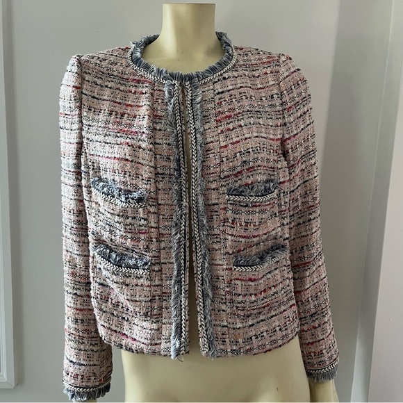 525 America Women’s Pink Cream Gold Tweed Fringe Jacket Blazer BohoGlam Barbie M - Picture 1 of 16